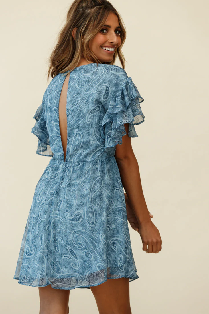 Here And Now Layered Ruffle Sleeve Loose Fit Dress Paisley Print Navy - Image 3