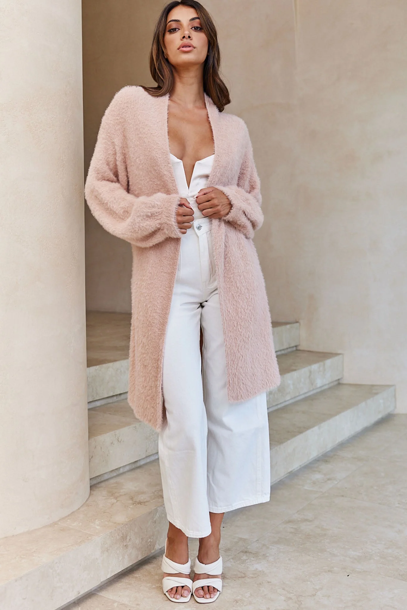 Hold The Phone Long Sleeve Fuzzy Duster Cardigan Blush - Image 6