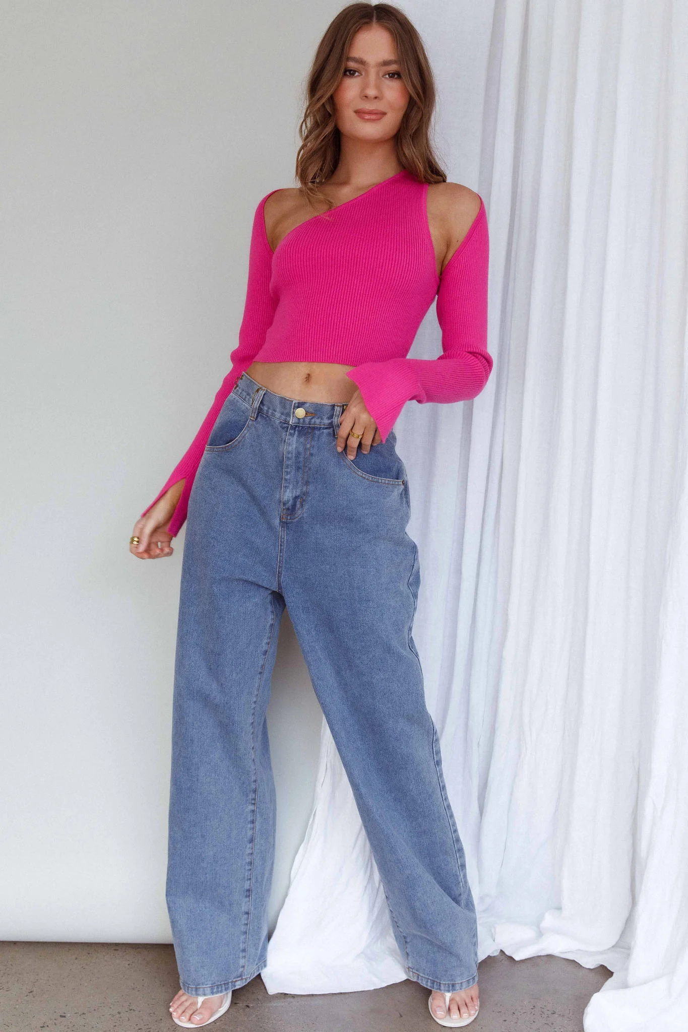 Holland One Shoulder Knit Top & Long Sleeve Shrug Pink - Image 6