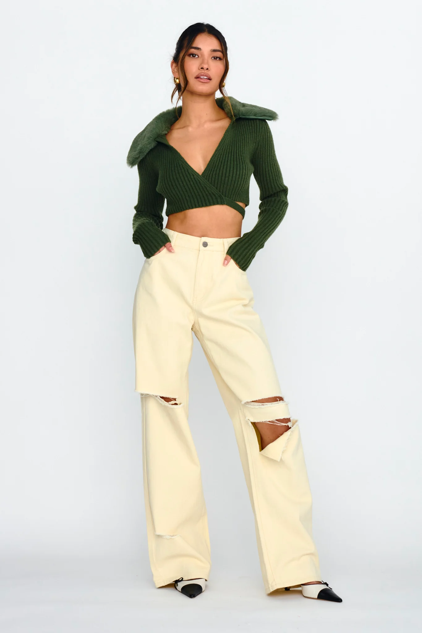 Hollyoak Fur Collar Knit Crop Top Dark Olive - Image 3