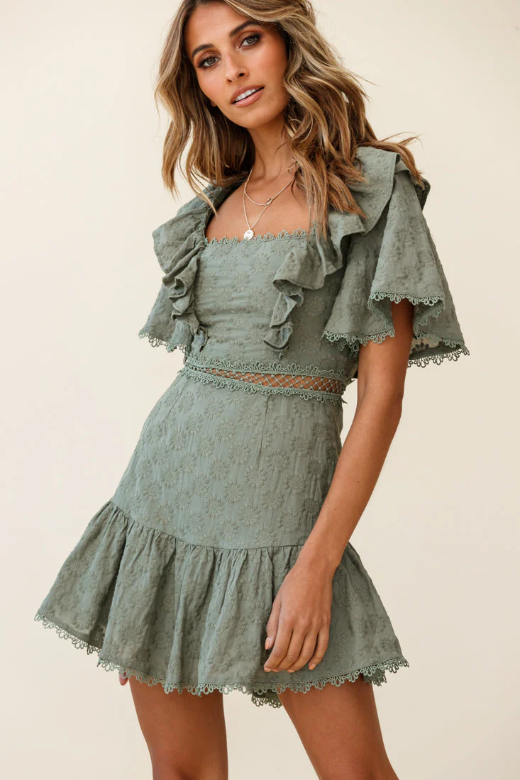 How Romantic Flounce Sleeve Lace-Up Back Dress Floral Embossed Olive - Image 6