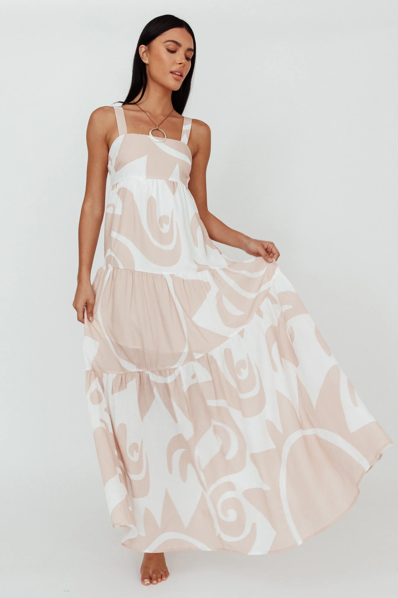 Indianna Square Neckline Maxi Dress Printed Sand/White - Image 5