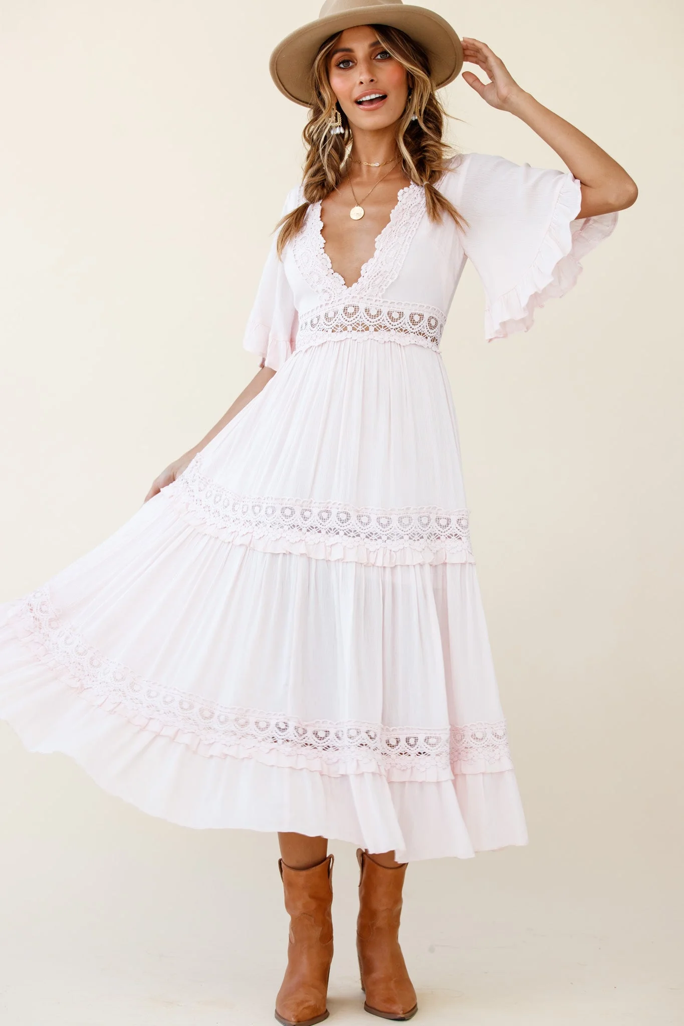 Indio Crochet Insert Deep V-Neckline Angel Sleeve Maxi Dress Pink - Image 5