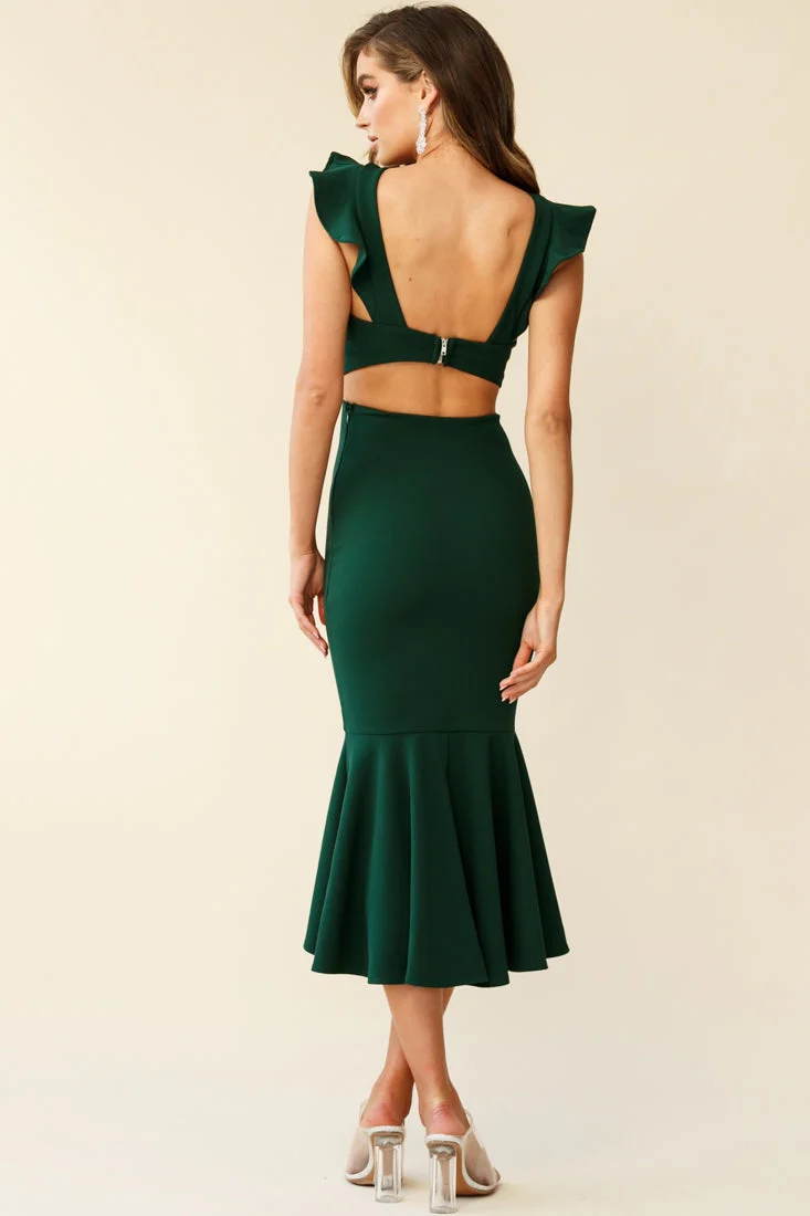 Jackie Wide Ruffle Hem Pinafore Midi Dress Forest Green - Image 3