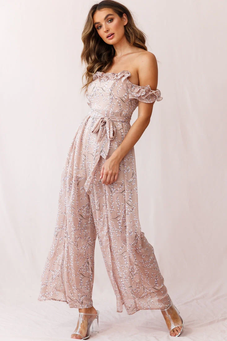 Jazz Bardot Neckline Wide Leg Split Jumpsuit Floral Print Blush - Image 6