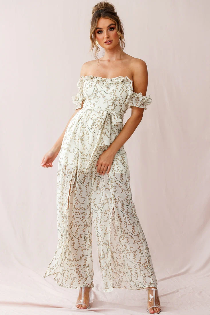 Jazz Bardot Neckline Wide Leg Split Jumpsuit Floral Print White - Image 5
