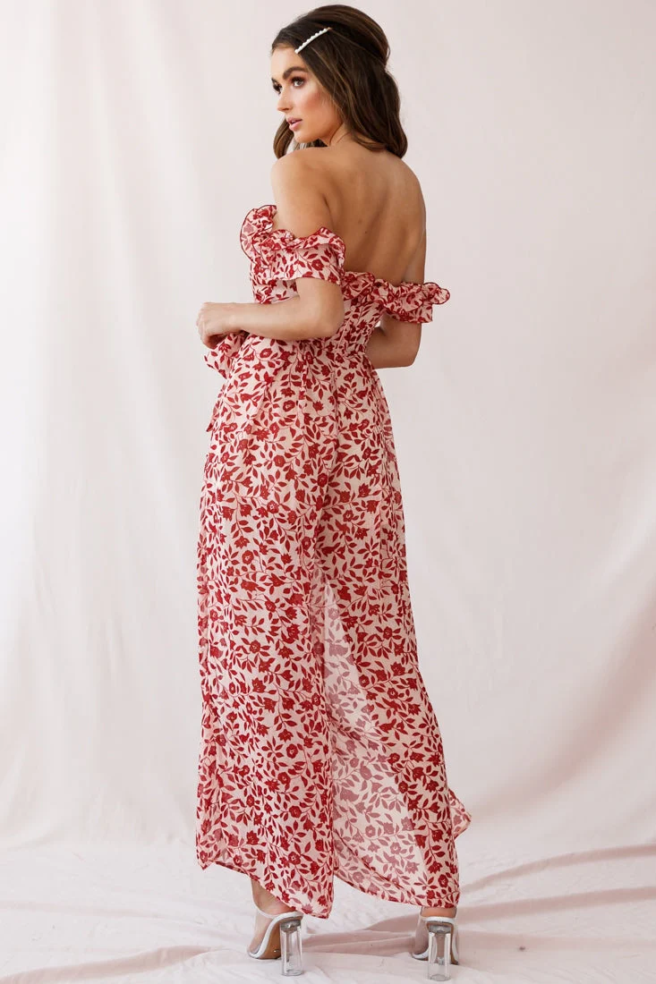 Jazz Bardot Neckline Wide Leg Split Jumpsuit Red - Image 3