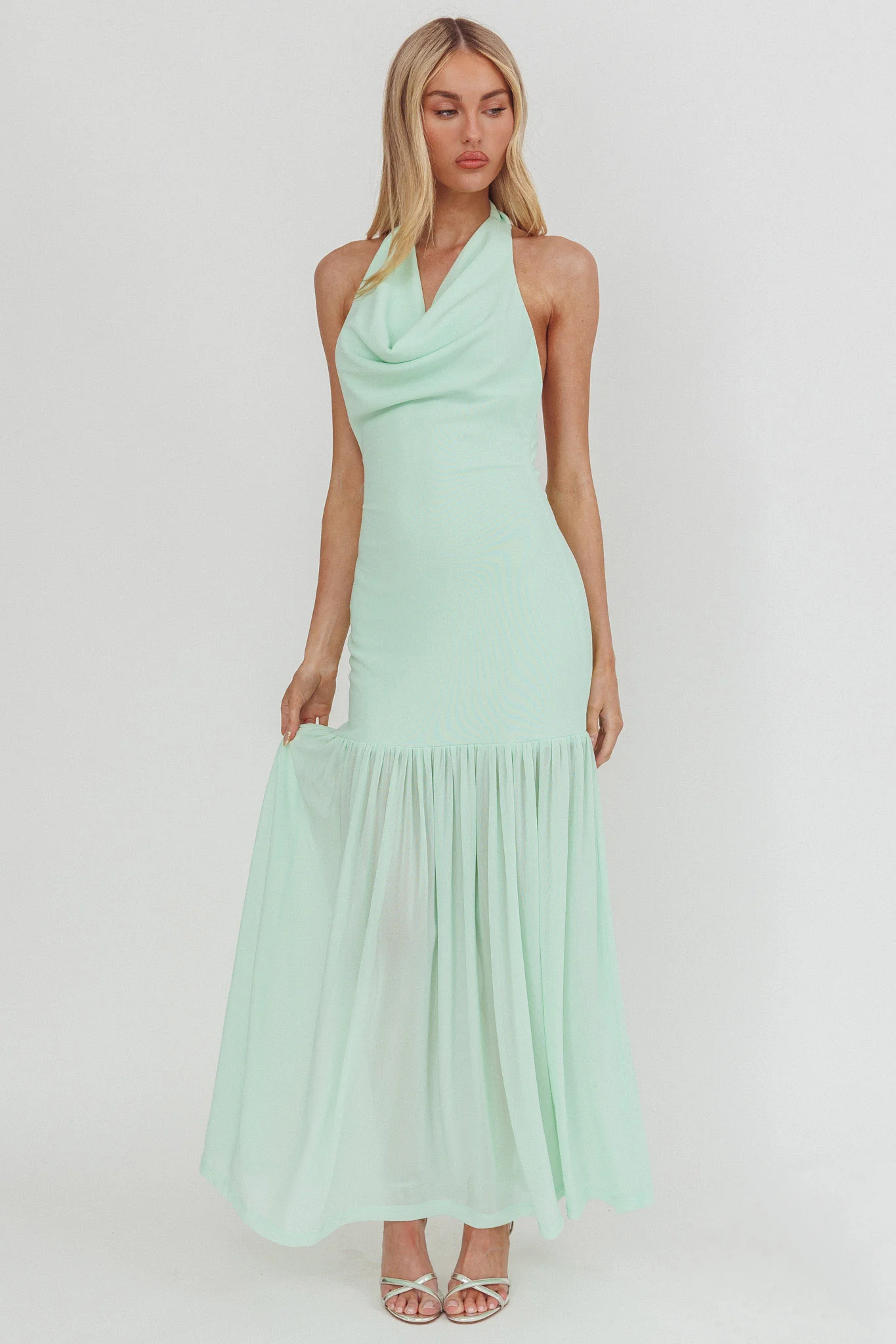 Kailyn Cowl Neck Sheer Hem Maxi Dress Mint - Image 4