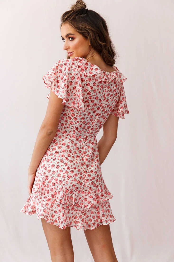 Kalina Ruffle Neckline Flutter Sleeve Mini Dress Dot Print Beige/Red - Image 3