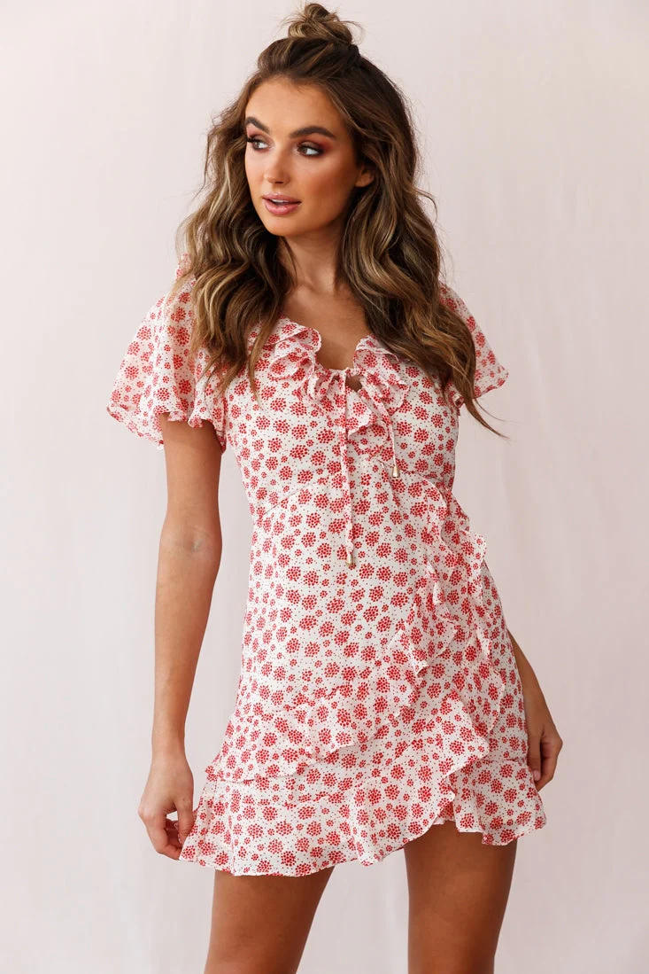 Kalina Ruffle Neckline Flutter Sleeve Mini Dress Dot Print Beige/Red - Image 5