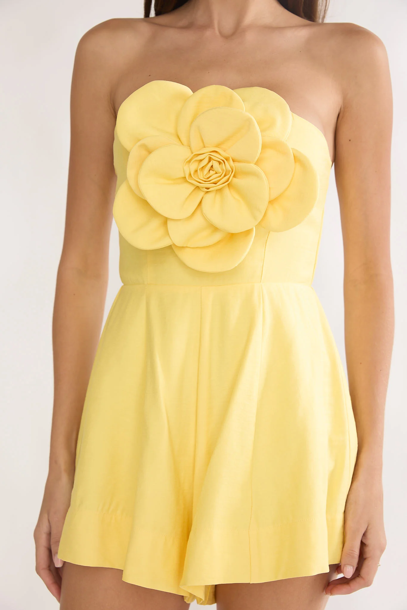 Karoline 3D Flower Strapless Mini Romper Yellow - Image 3