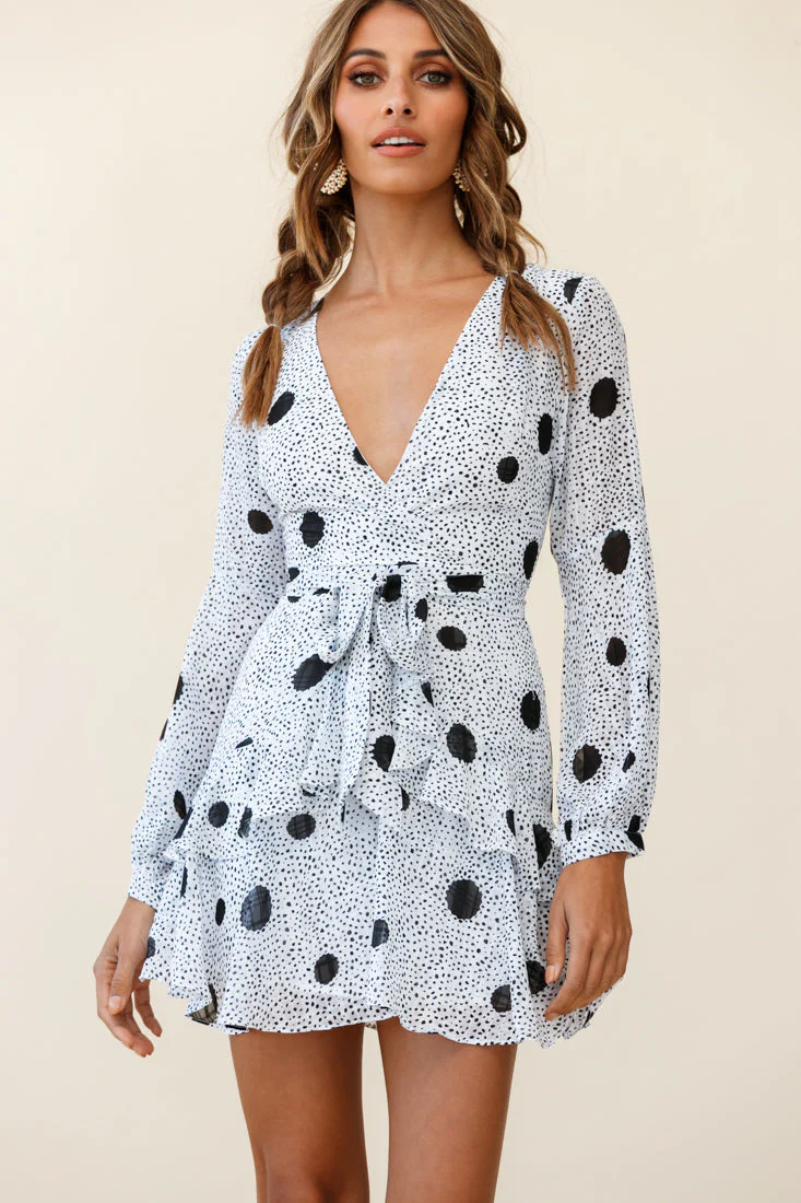Kerry Layered Balloon Sleeve Dress Black Spot Print White - Image 5