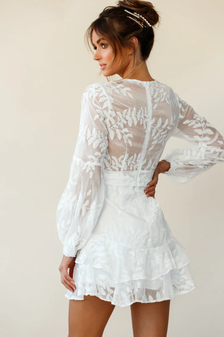 Kerry Layered Balloon Sleeve Dress Floral Embroidered White - Image 3