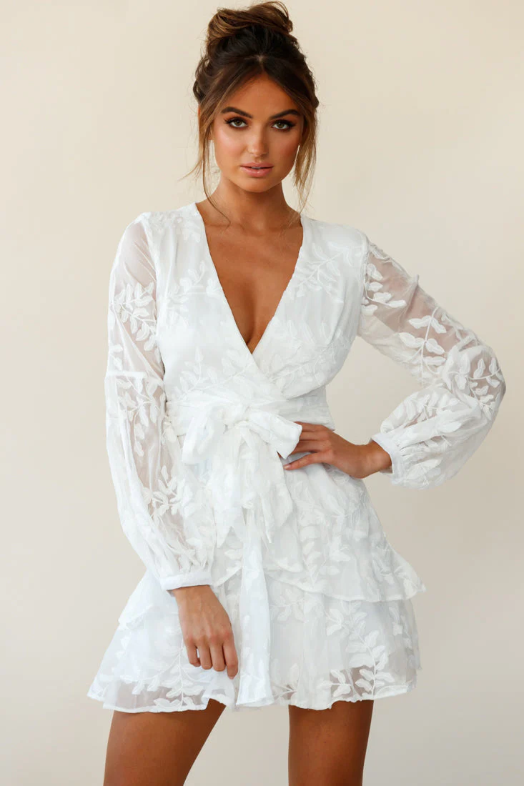 Kerry Layered Balloon Sleeve Dress Floral Embroidered White - Image 4