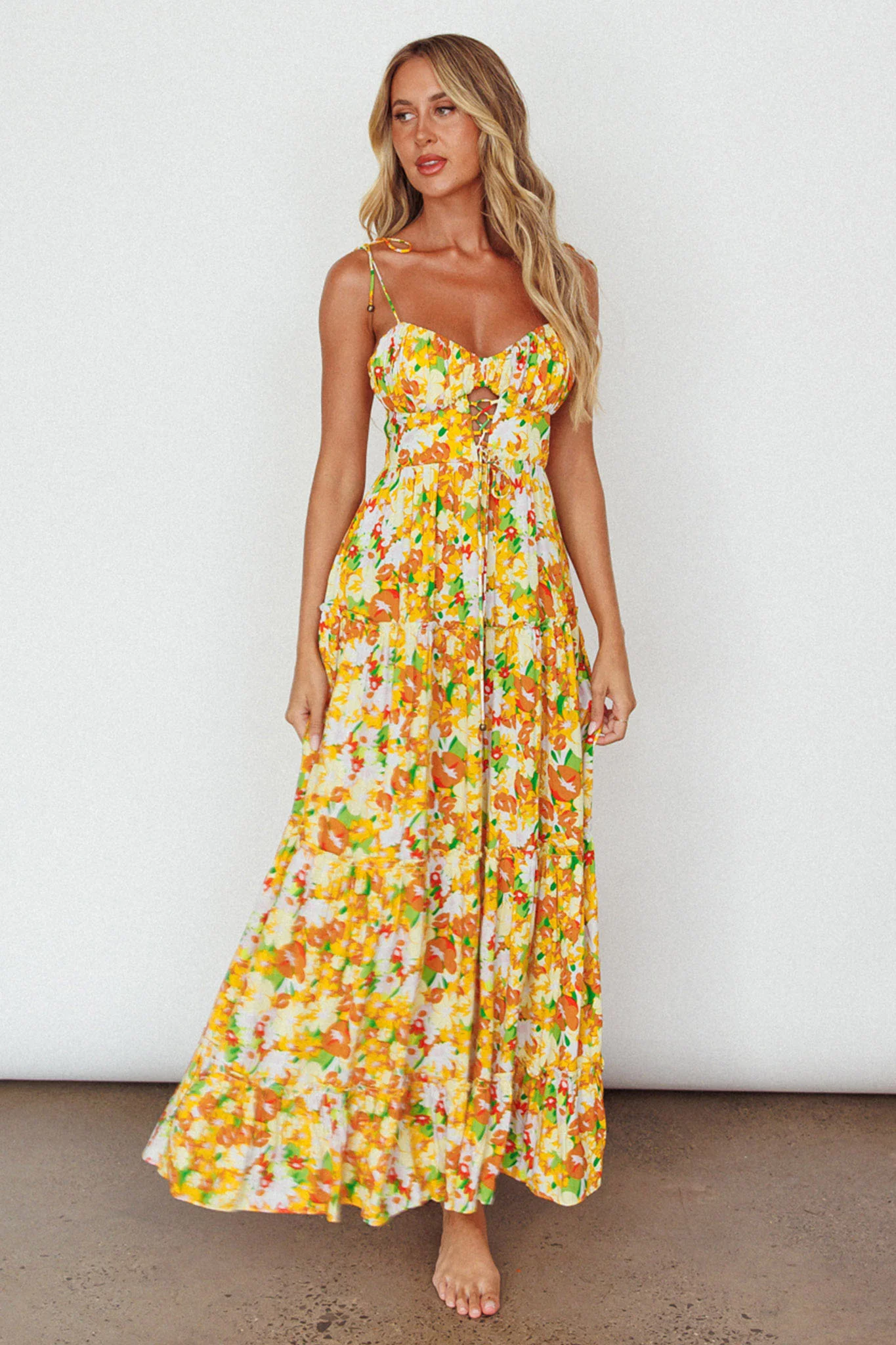 Kinlee Lace-Up Bodice Maxi Dress Floral Orange - Image 4