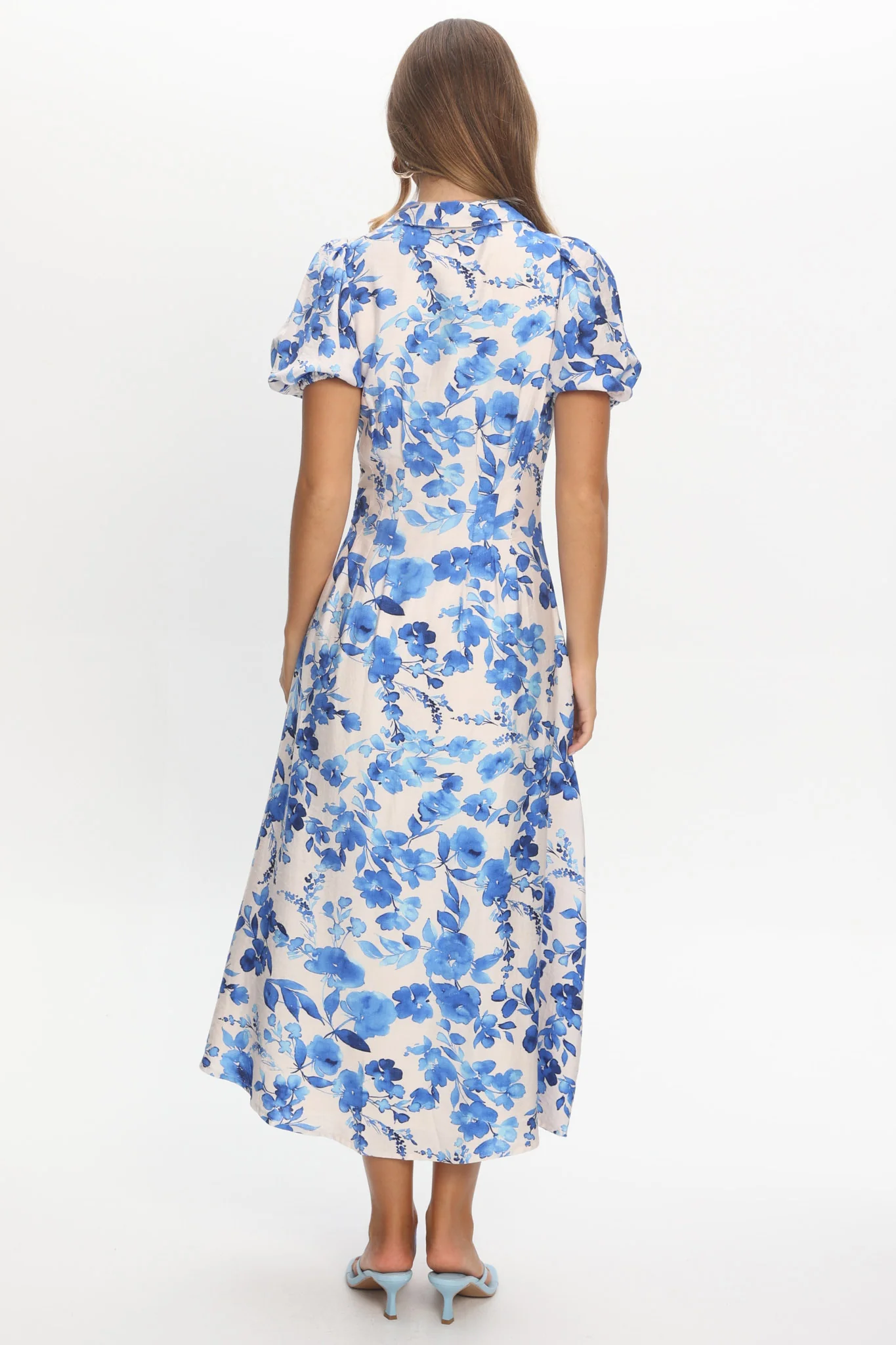 Kyrah Puff Sleeve Midi Dress Floral White - Image 2