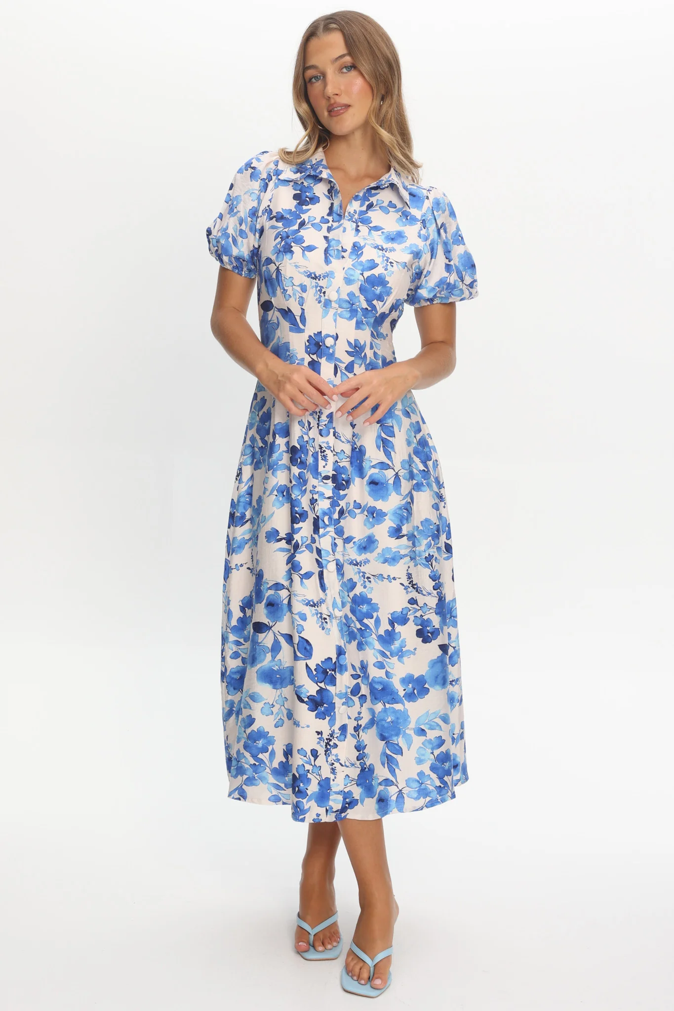 Kyrah Puff Sleeve Midi Dress Floral White - Image 5
