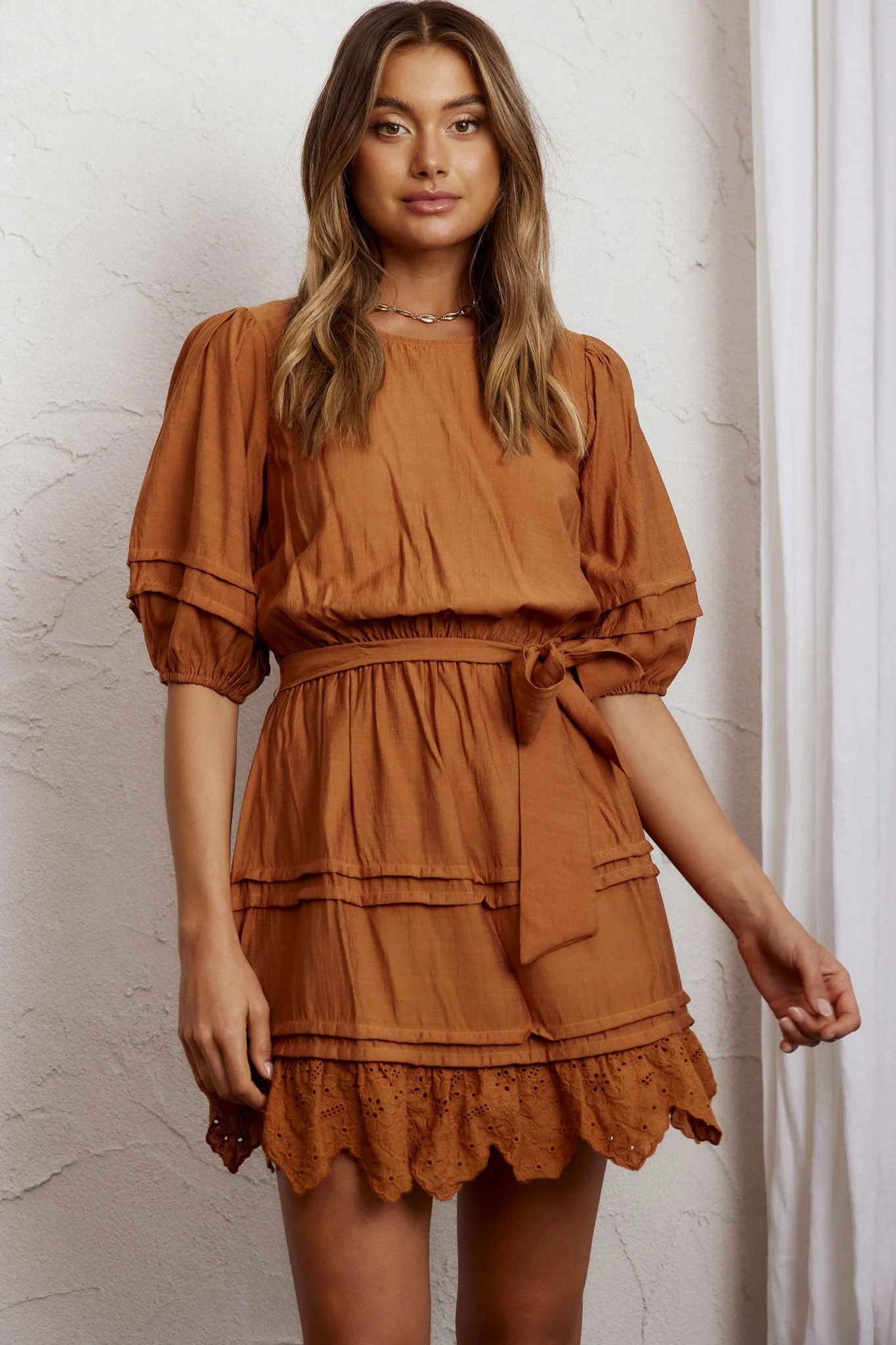 Laiken Waist Tie Pintuck Dress Tan - Image 4