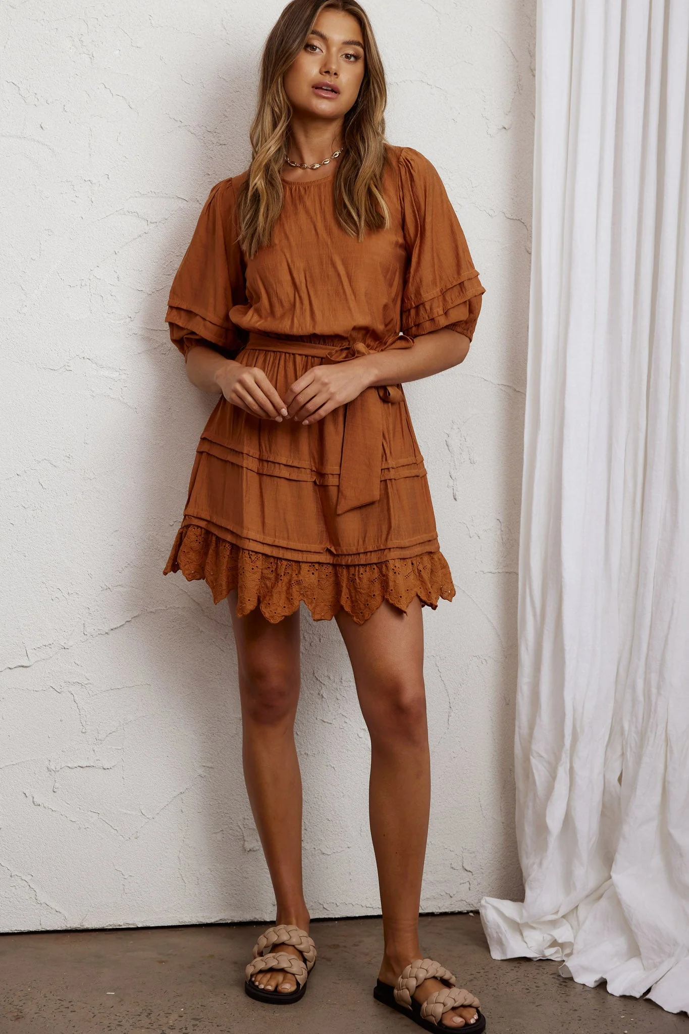 Laiken Waist Tie Pintuck Dress Tan - Image 8