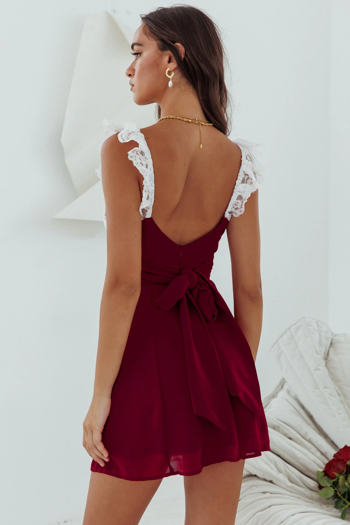 Lakyn Lace Bust Tied Back Mini Dress Wine - Image 2