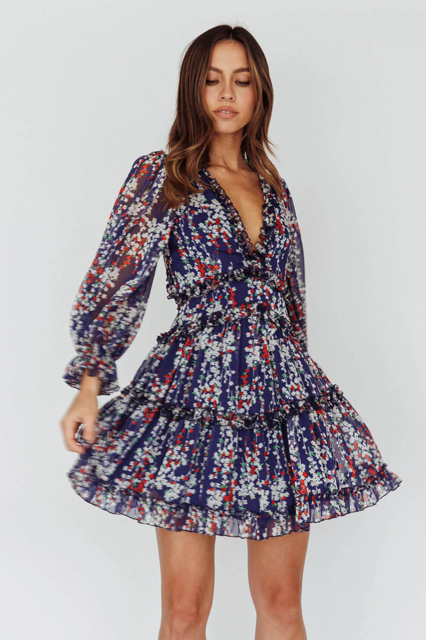 Laney Cutout Back Ruffle Detail Floral Dress Navy - Image 4