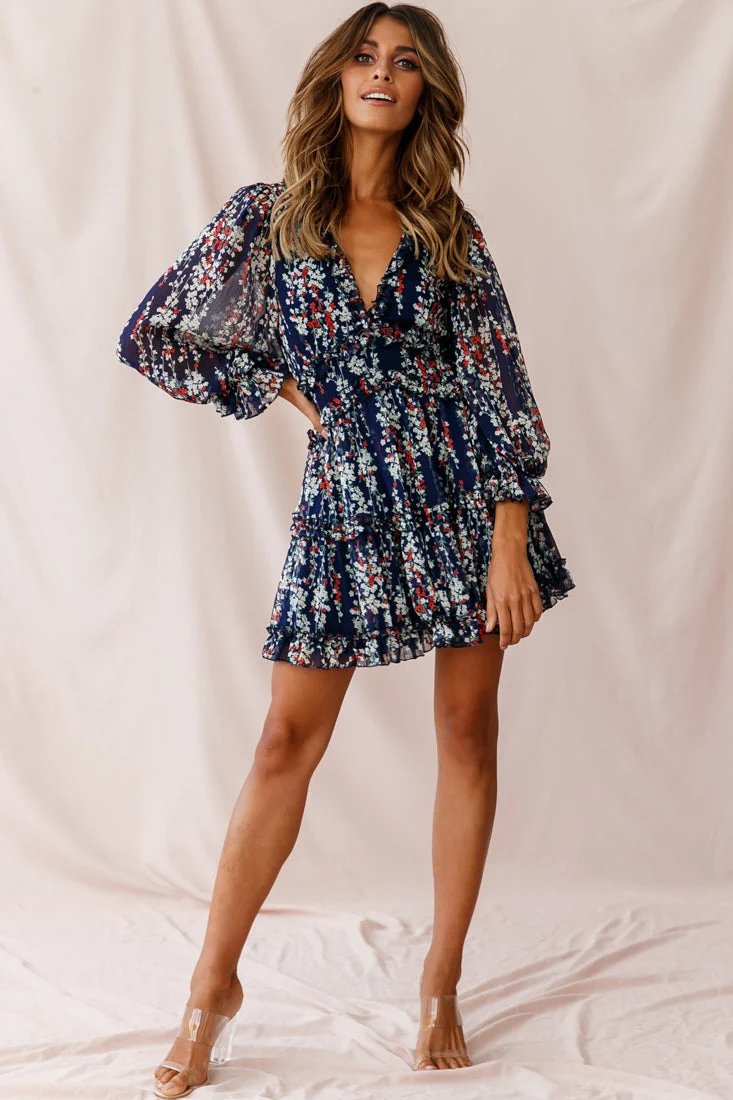Laney Cutout Back Ruffle Detail Floral Dress Navy - Image 9