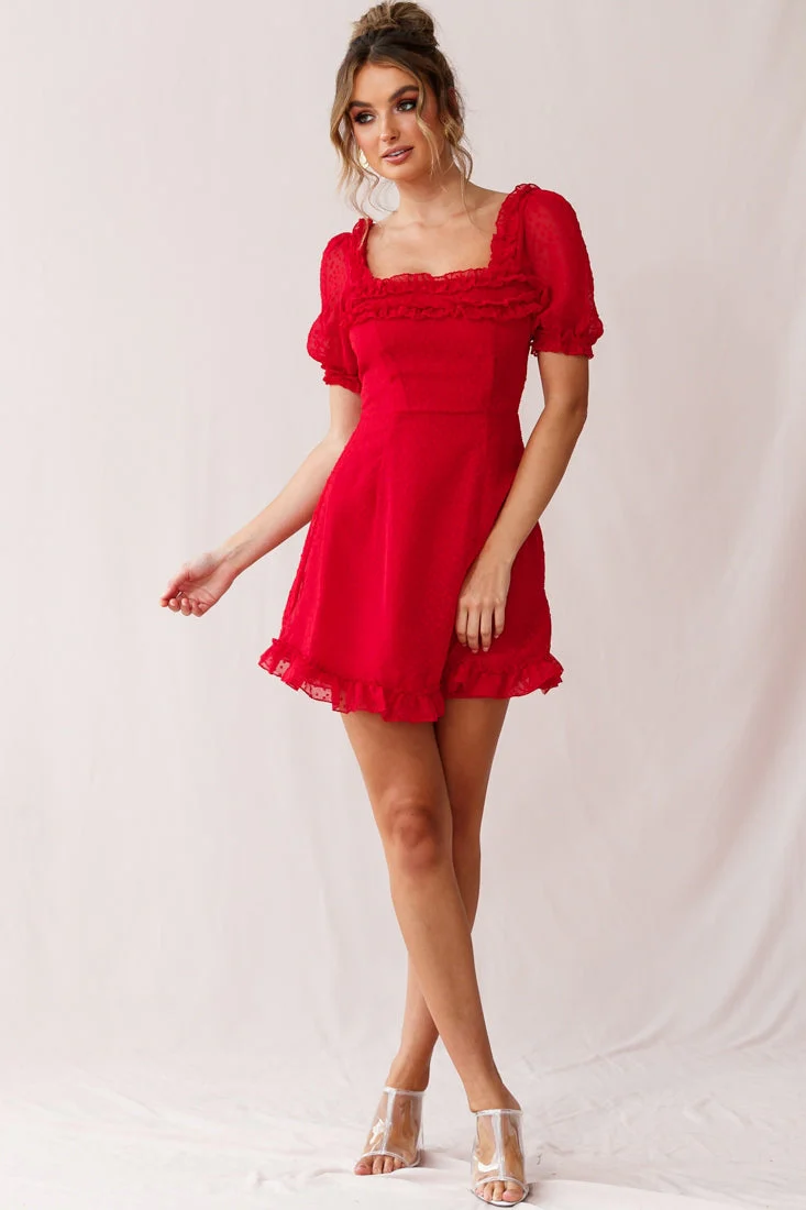 Lara Puff Sleeve Frill Dress Red - Image 2
