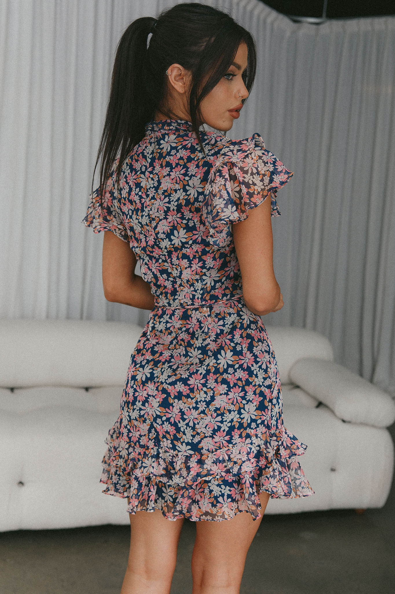 Lark High Neck Ruffle Sleeve Dress Flower Print Navy - Image 2