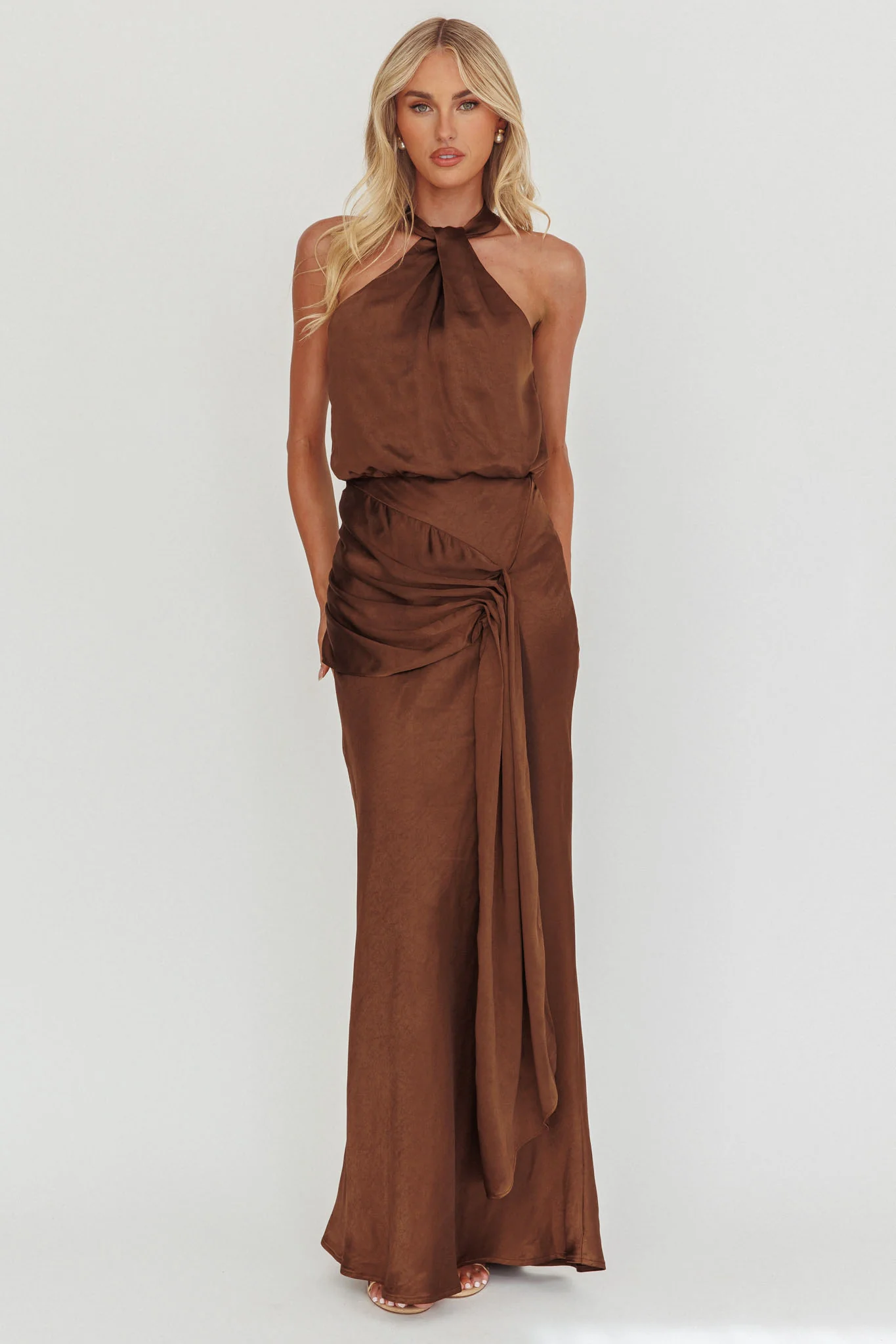Linette Halterneck Draped Sash Maxi Dress Chocolate - Image 4