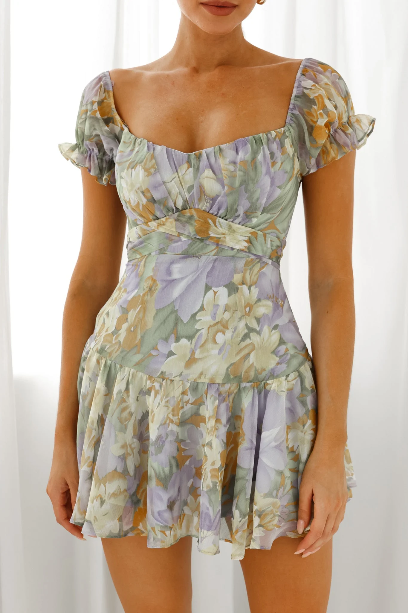 Linka Off-Shoulder Tie Back Fluted Hem Dress Floral Print Yellow - Image 4