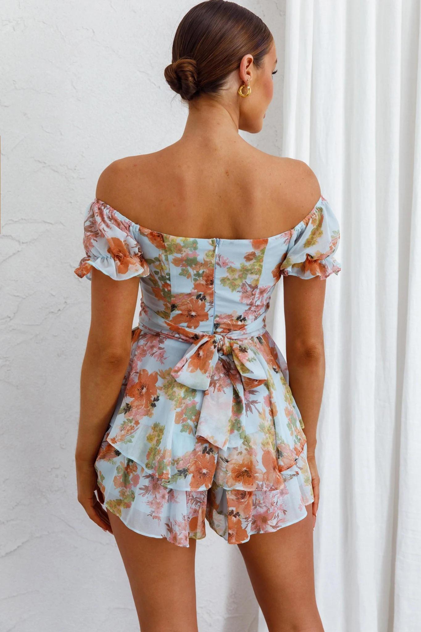 Linka Off-Shoulder Tie Back Romper Floral Blue - Image 6