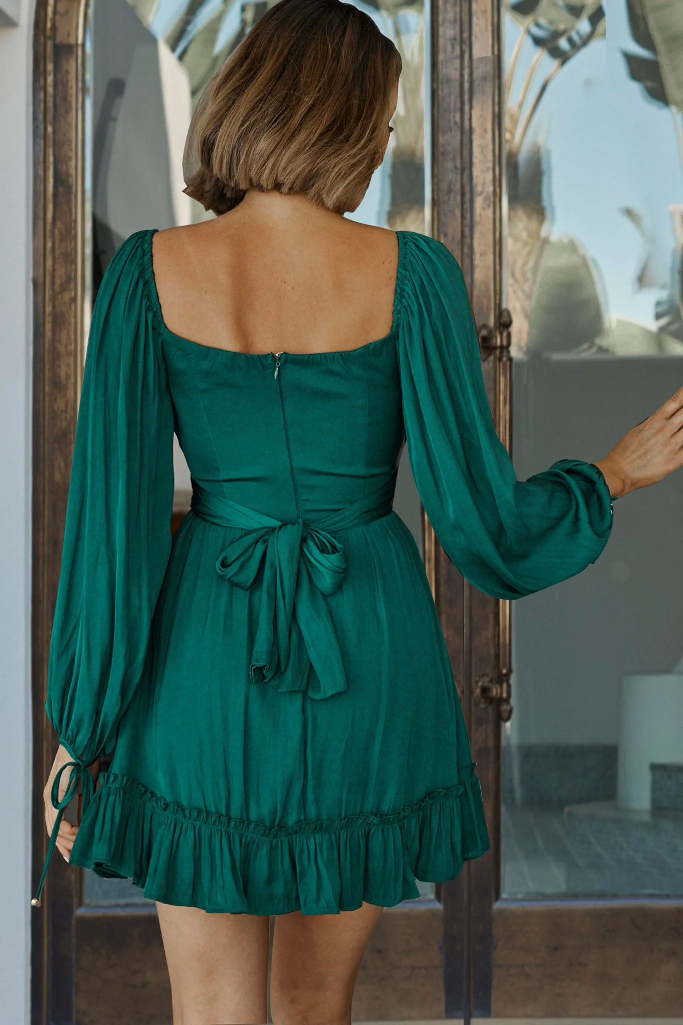 Linka On Or Off-Shoulder Long Sleeve Tie-Back Dress Forest Green - Image 2