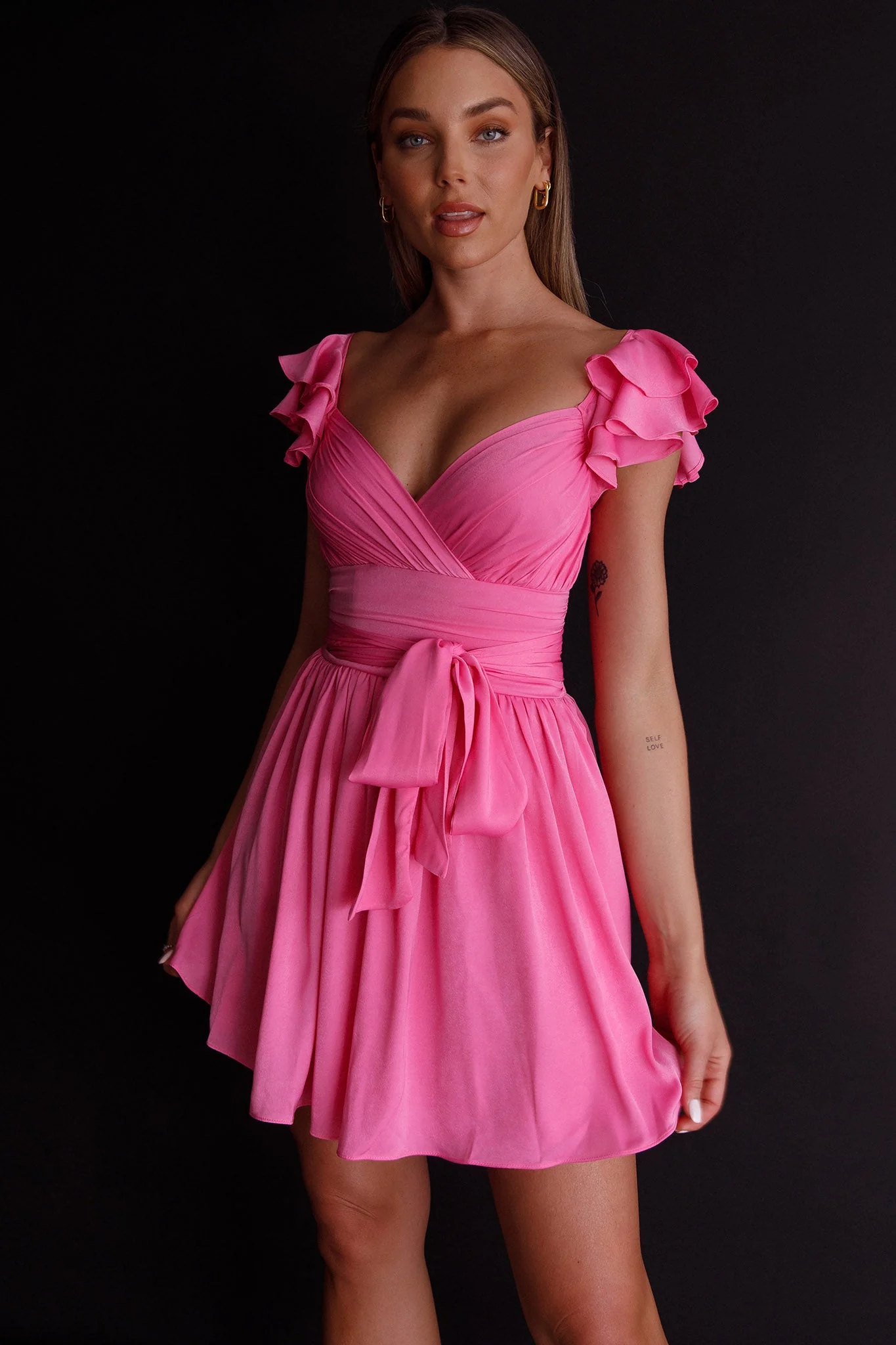 Lola Ruffle Shoulder Ruched Dress Hot Pink - Image 4
