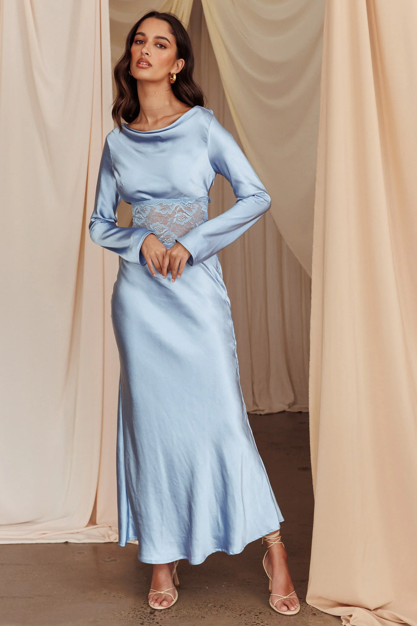 Loveland Lace Insert Cowl Back Dress Blue - Image 5