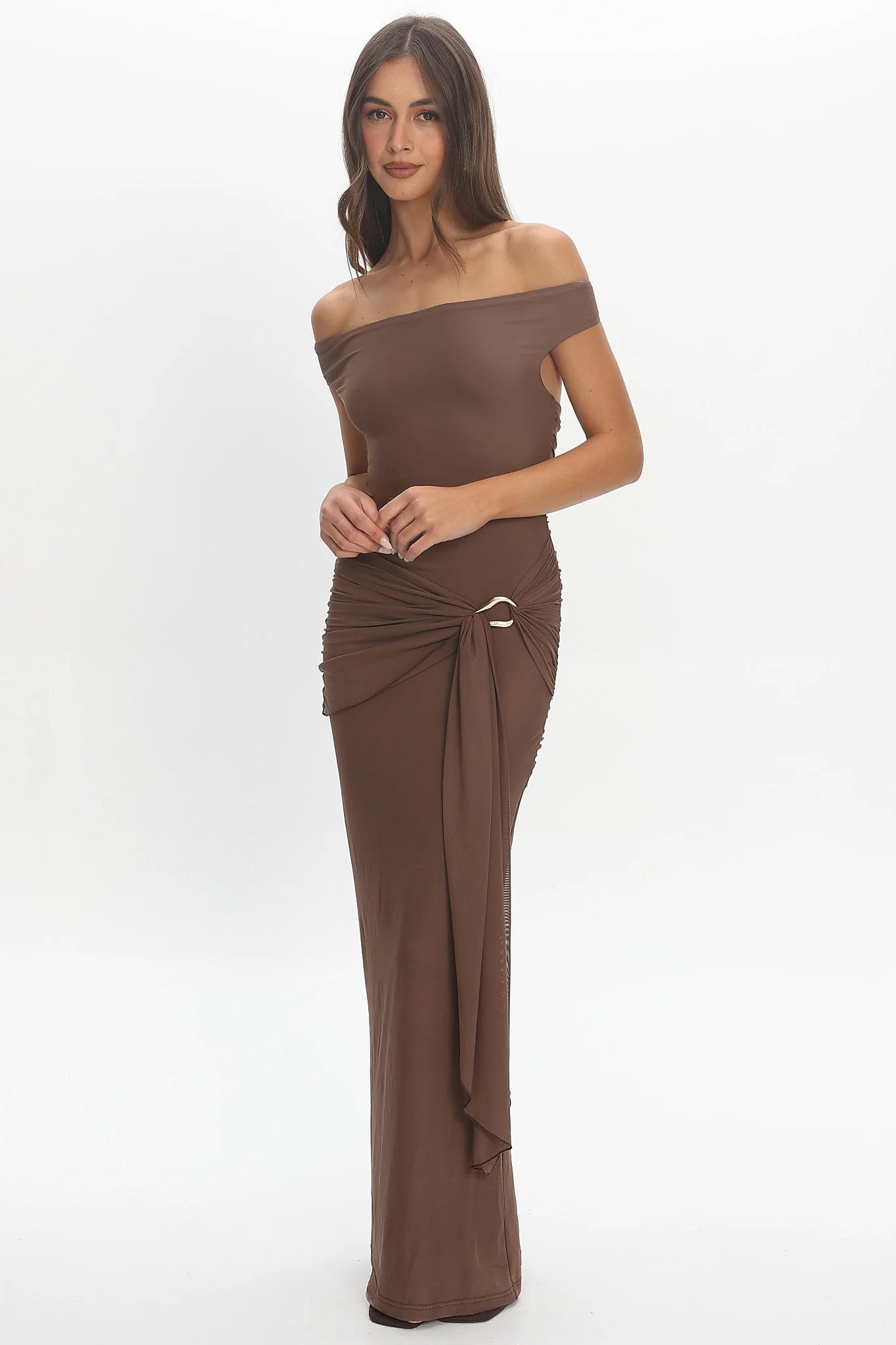 Luli Boat Neck Sash Maxi Dress Cocoa - Image 2