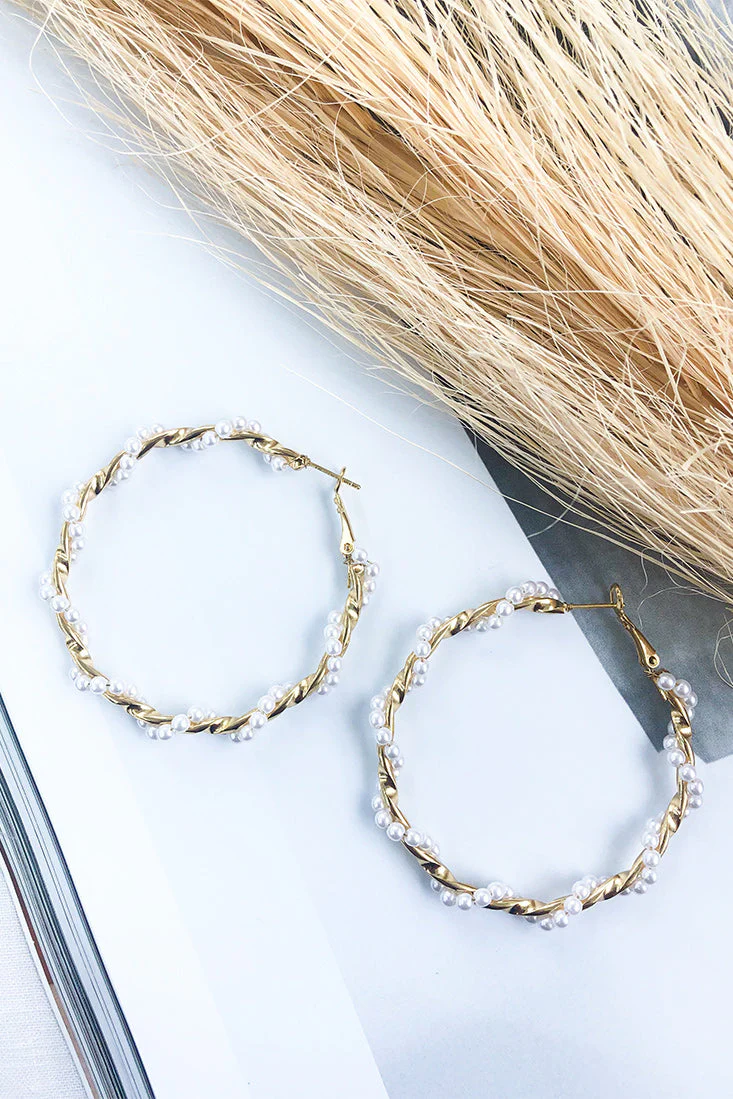 Luxe Life Pearl Hoop Earrings Gold - Image 3