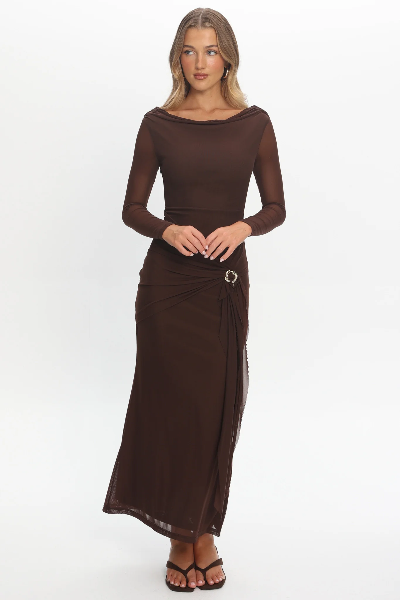 Lyssia Cowl Neck Waist Sash Maxi Dress Chocolate - Image 5