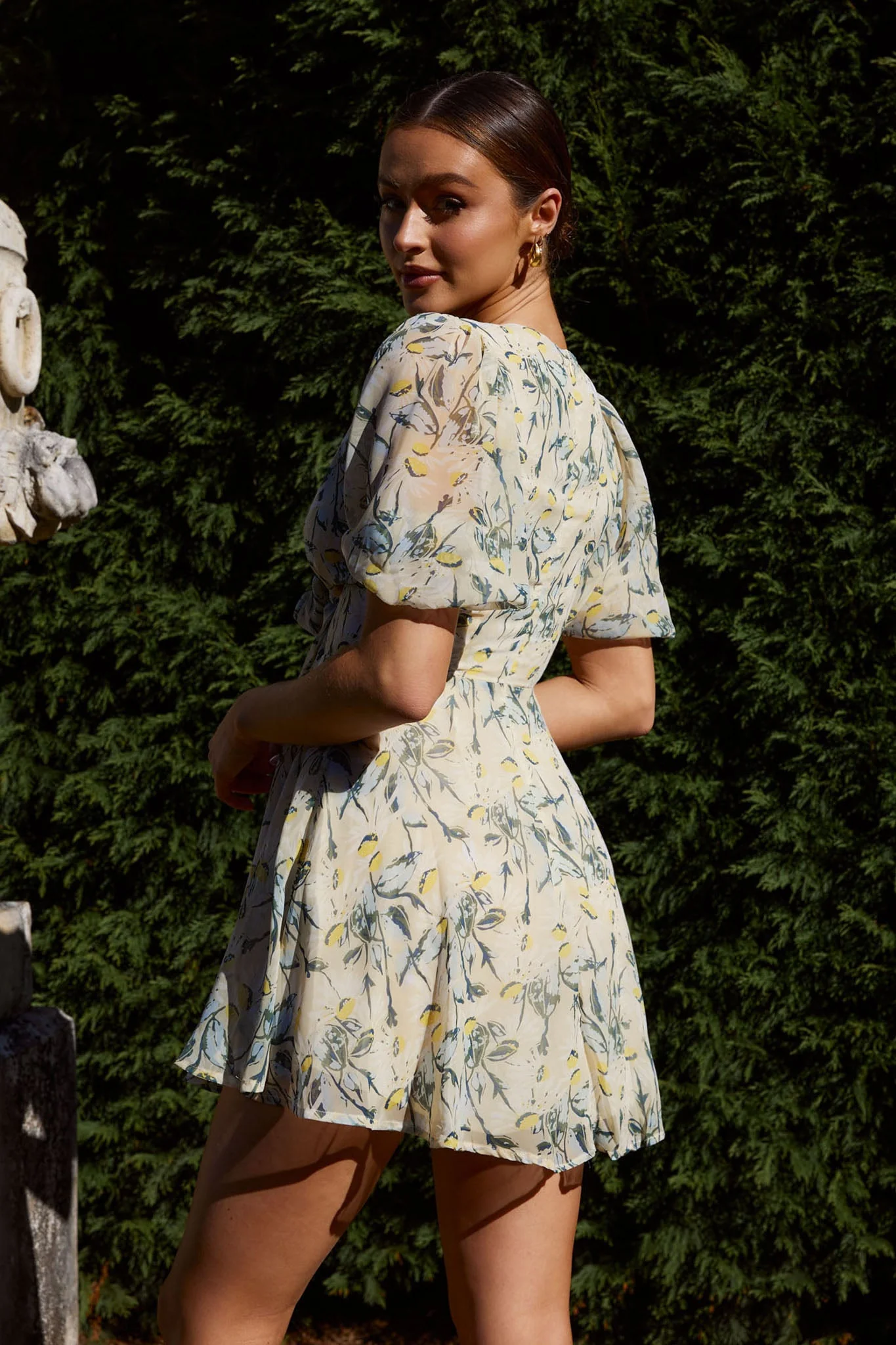 Madison Bow Tie Bust Puff Sleeve Dress Floral Green - Image 2