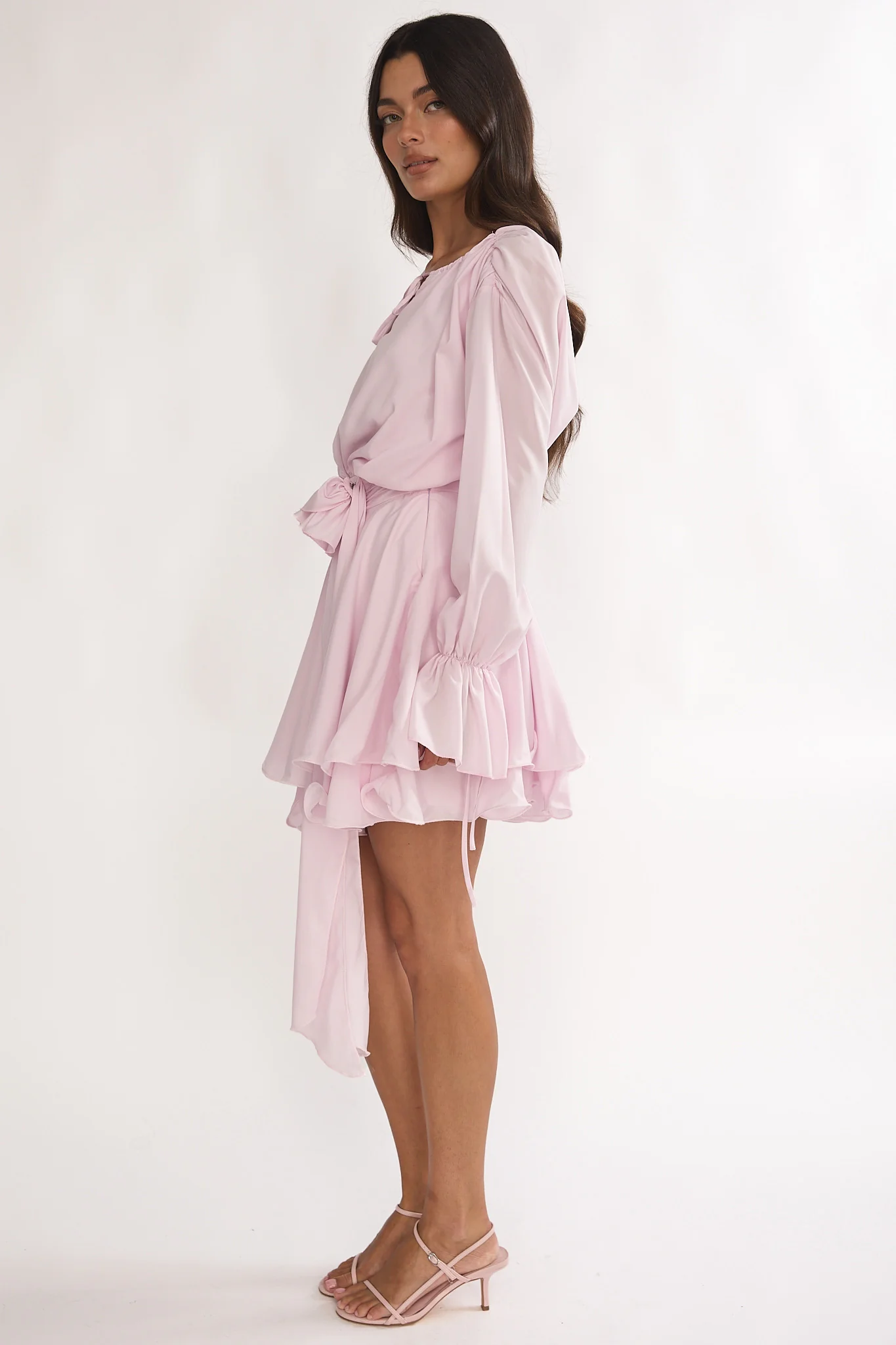 Maeva Long Balloon Sleeve Rosette Mini Dress Baby Pink - Image 6
