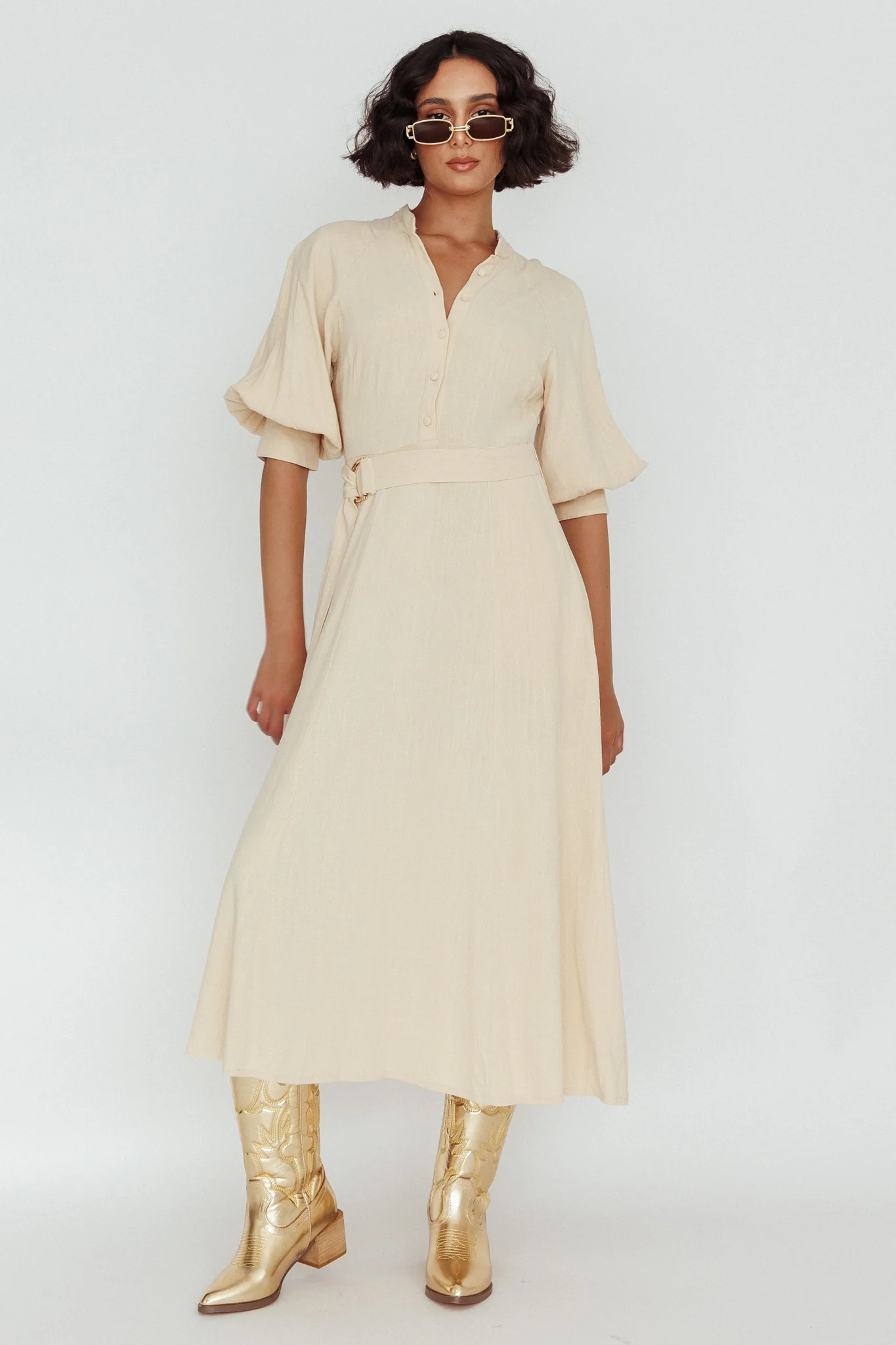 Mallory Belted Waist Lantern Sleeve Midi Dress Beige - Image 5