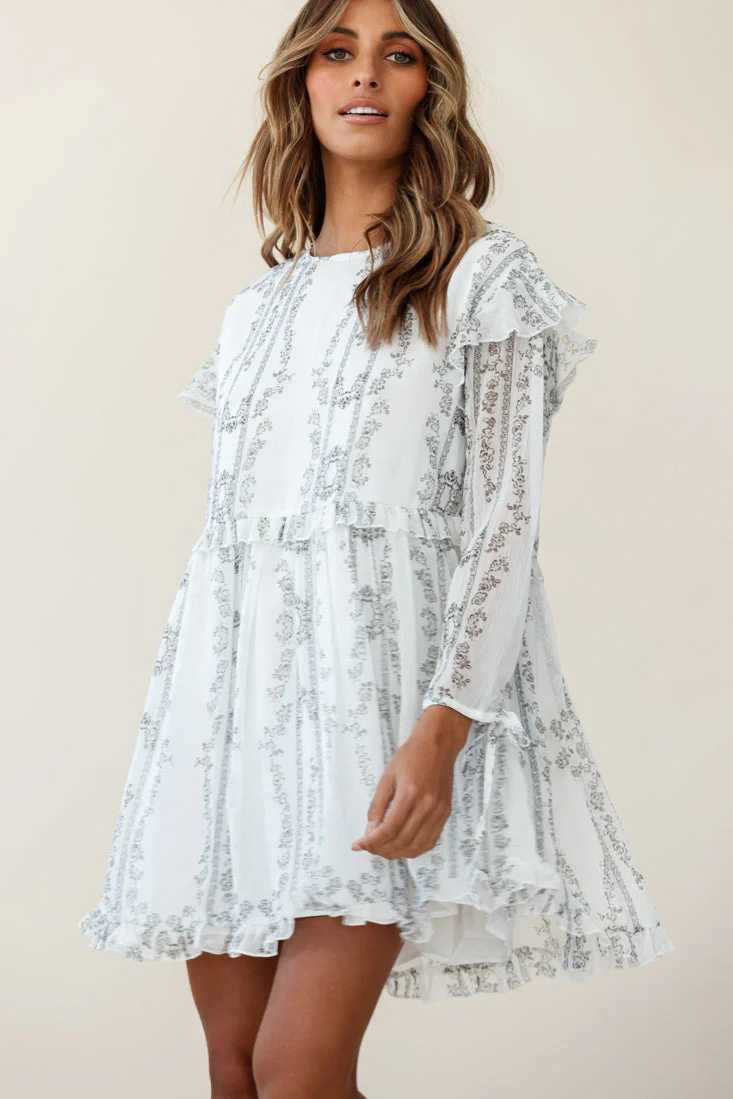 Marion Long Sleeve Shift Dress Vintage Floral Print White - Image 2