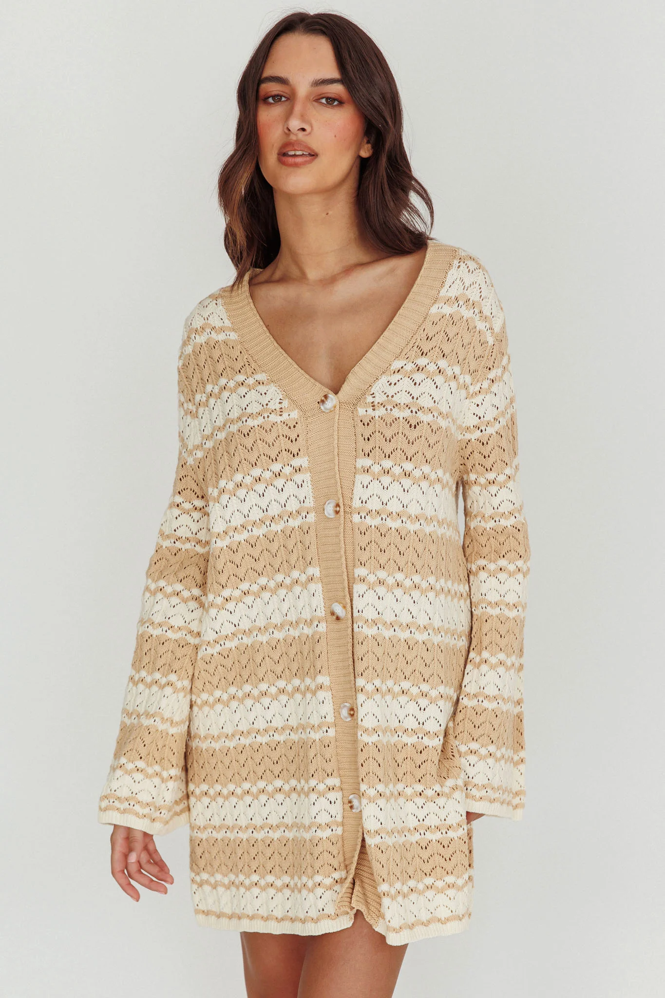 Maysah Button-Up Knit Shirt Dress Nude Ivory - Image 2