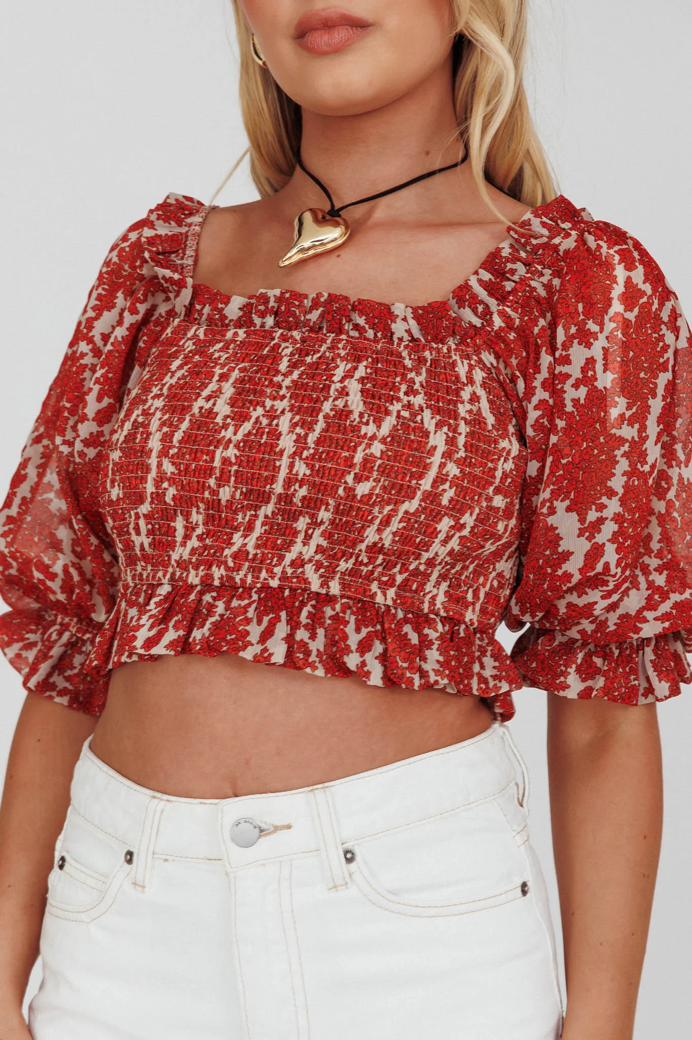 Meet Cute Shirred Bust Off-Shoulder Crop Top Floral Beige - Image 4