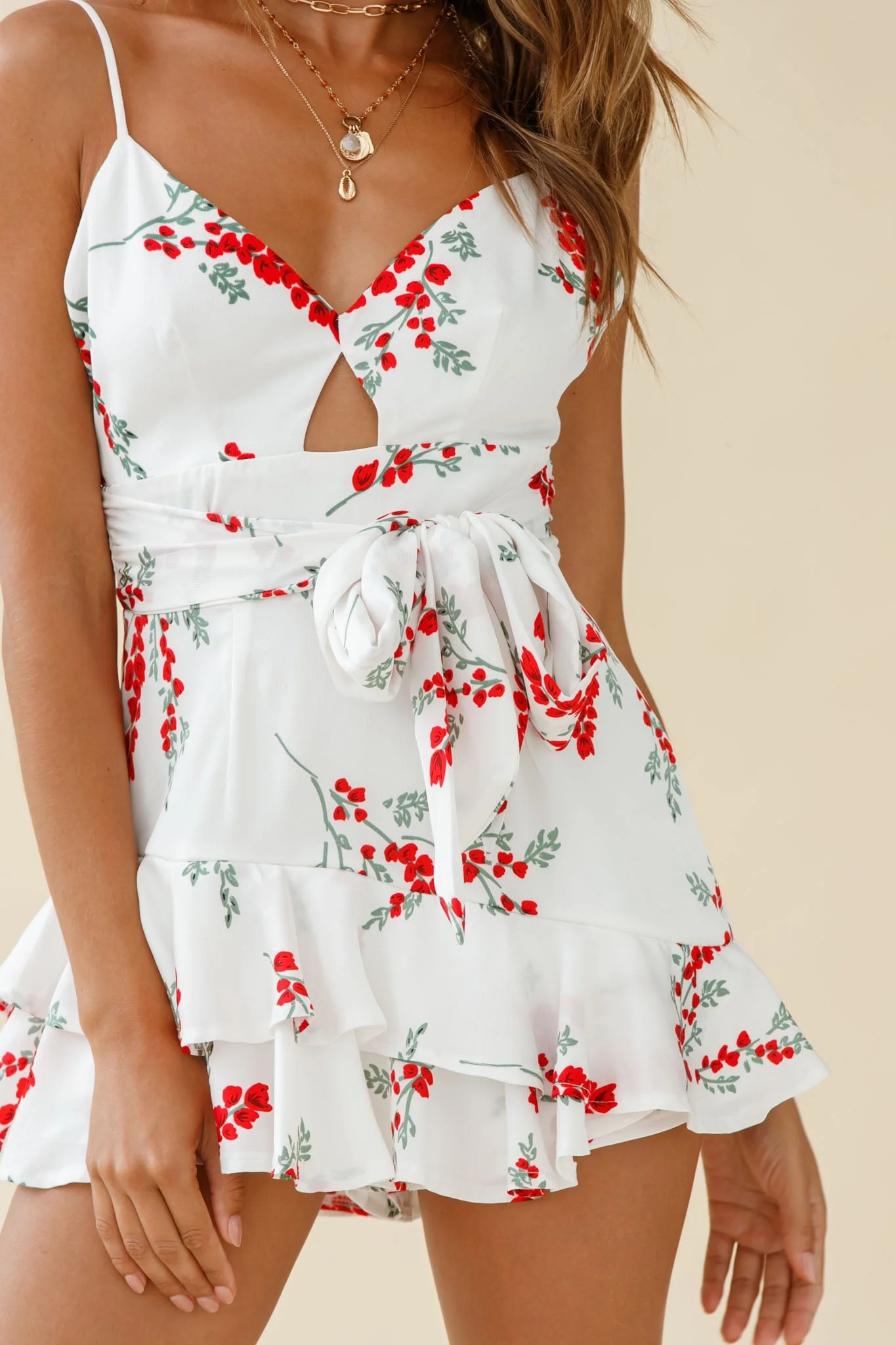 Meet Me Halfway Cut-Out Bust Waist Tie Romper Floral Print White - Image 5