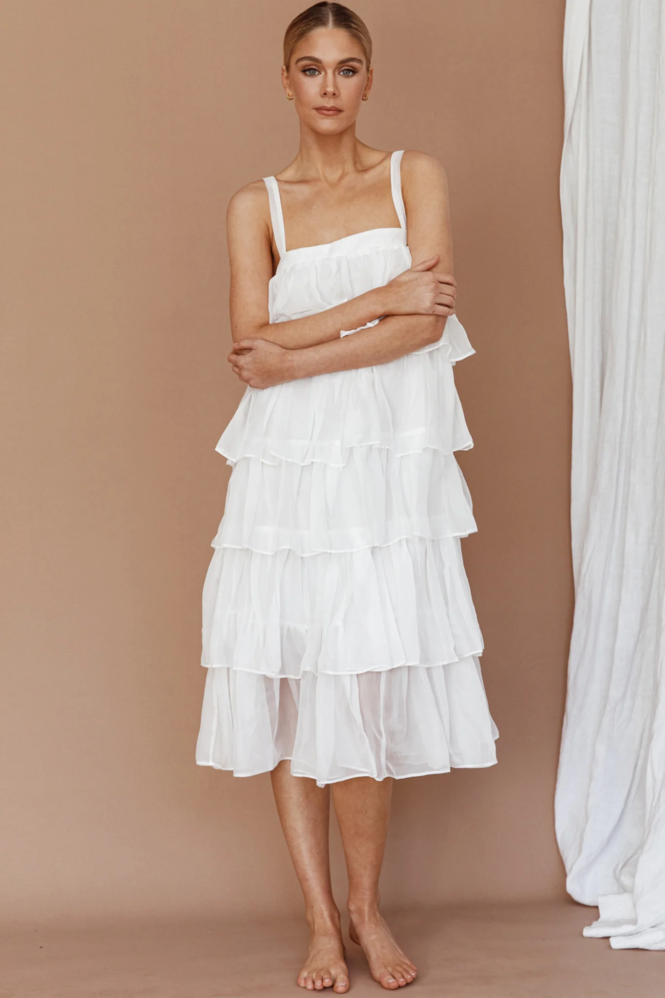 Merry Layered Frill Midi Dress White - Image 4
