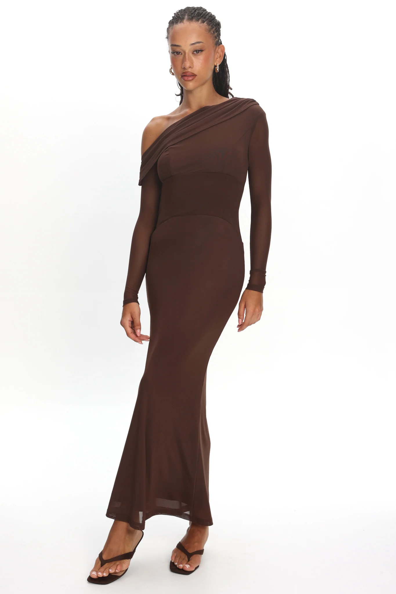 Milos Asymmetric Neckline Long Sleeve Maxi Dress Chocolate - Image 2