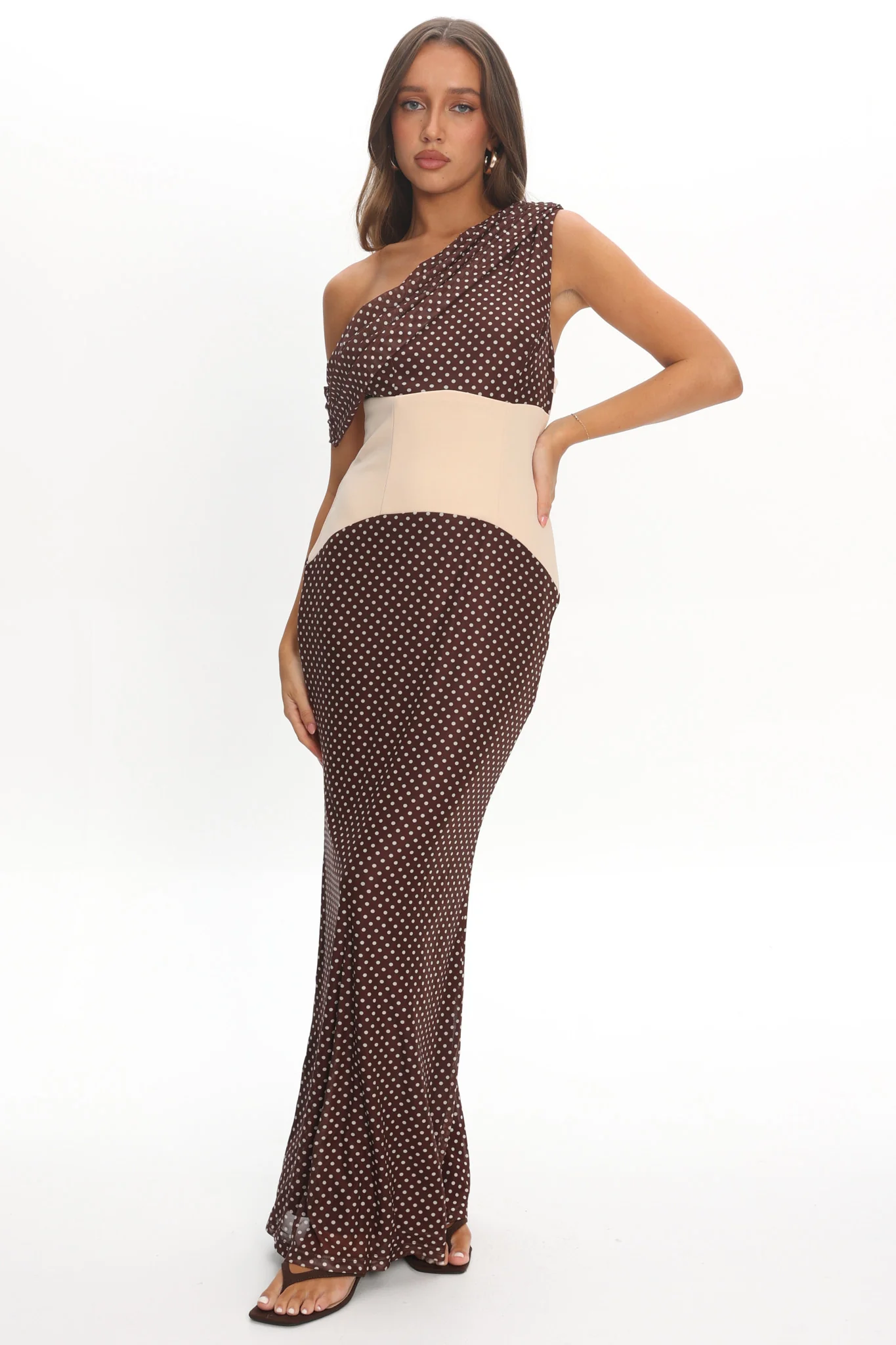 Milos Asymmetric Neckline Maxi Dress Chocolate Dot - Image 2