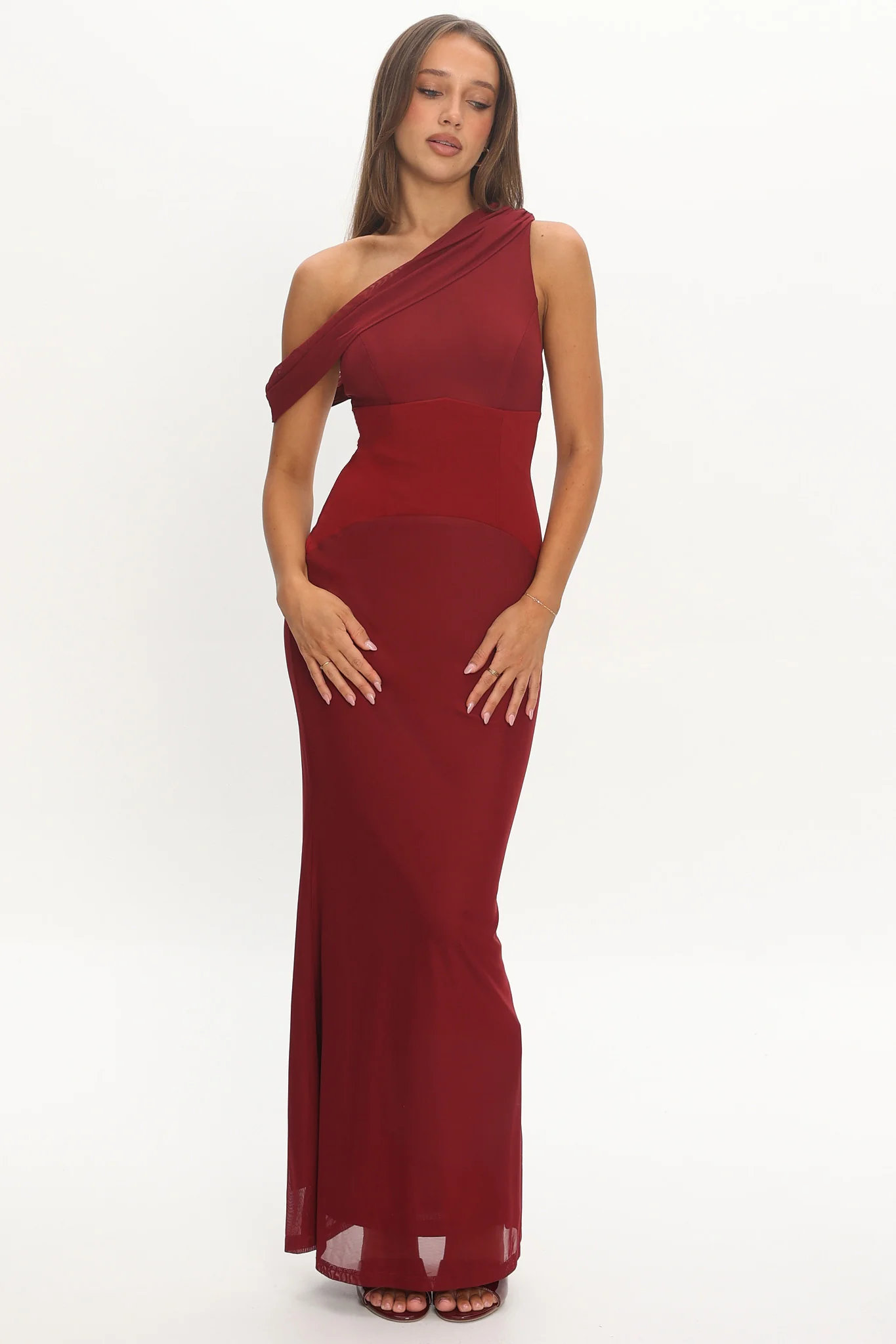 Milos Asymmetric Neckline Maxi Dress Wine - Image 4
