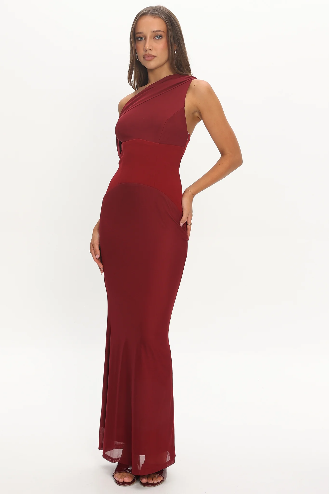 Milos Asymmetric Neckline Maxi Dress Wine - Image 5