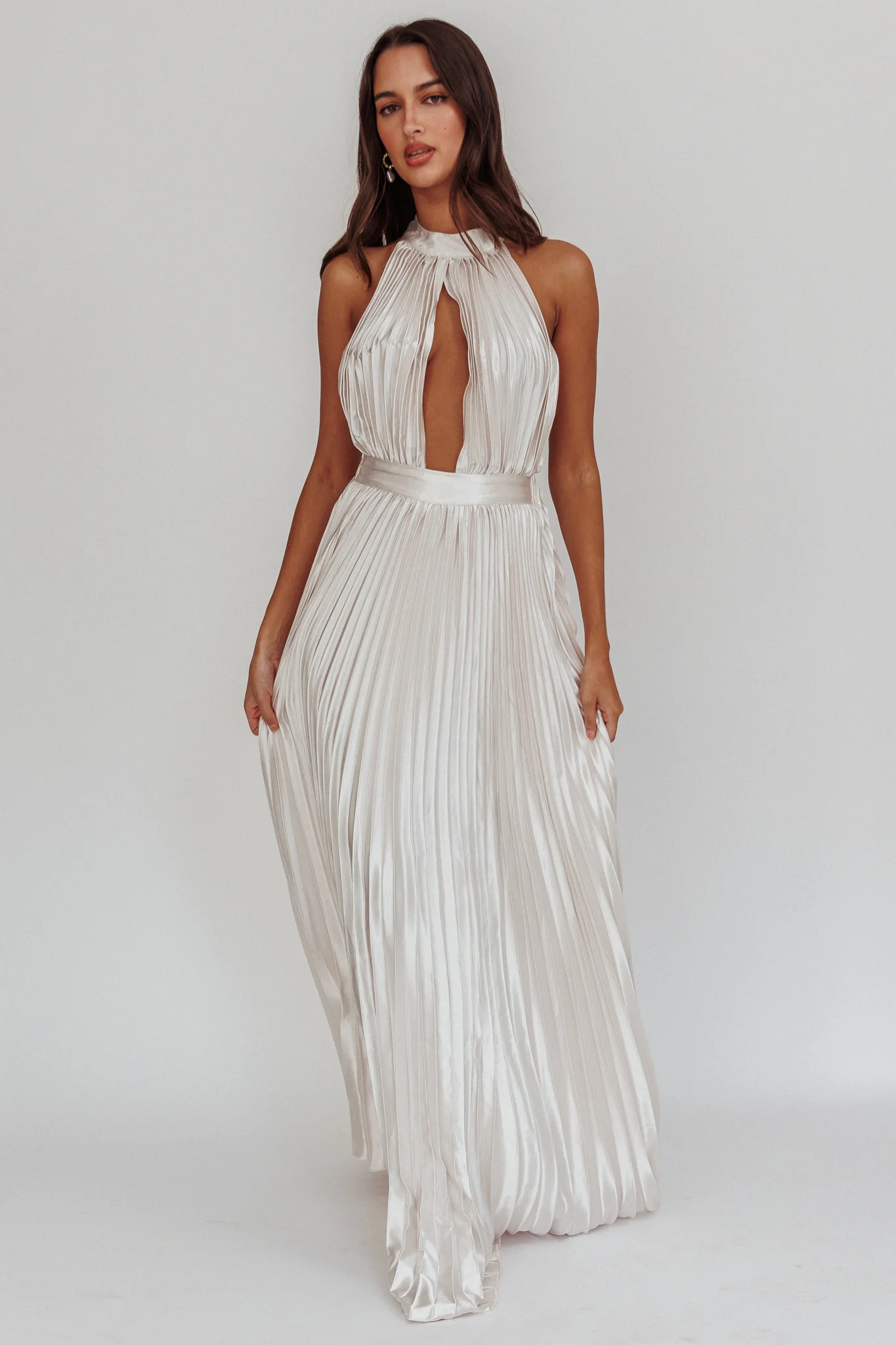 Monarch Pleated Satin Maxi Dress Champagne - Image 3
